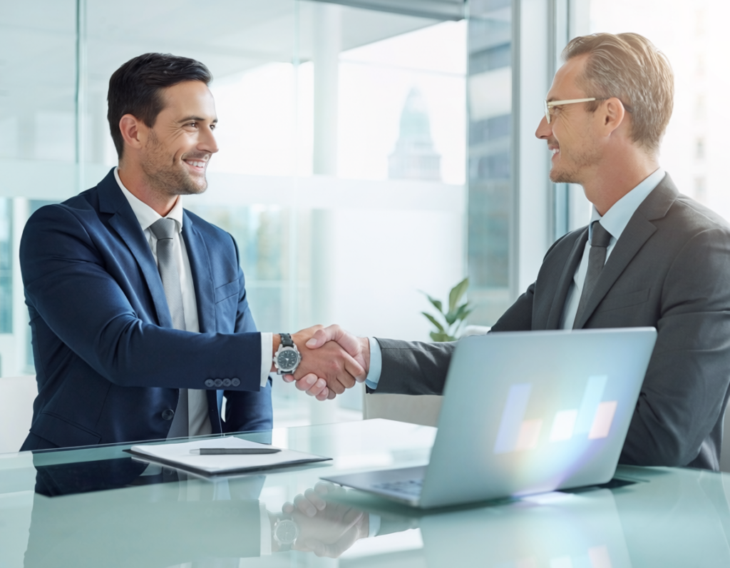 Firefly Modernes hochwertiges B2B Unternehmensmotiv mit zwei Geschaeftsleuten beim profession 26277